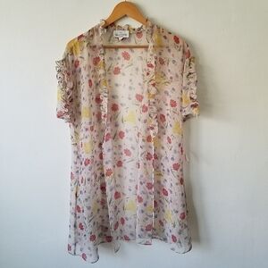 𝅺Vintage Valentino Intimo Sheer Floral Ruffle Sleepwear Robe Size P